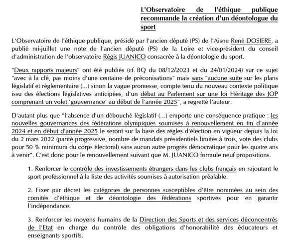 L'Observatoire de l'éthique publique recommande la création d'un déontologue du sport